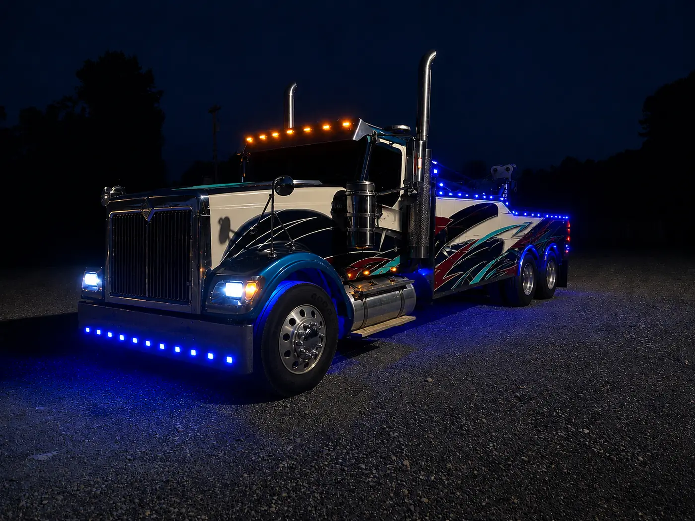 Our heavy wrecker at night, cab and body lights on
