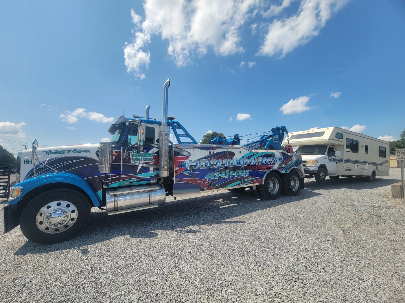 Our heavy wrecker towing a Class C motorhome